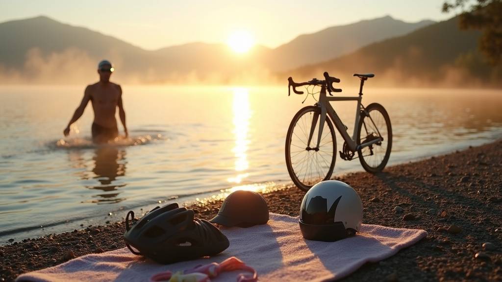 Triathlète débutant en action lors d'une transition natation-vélo