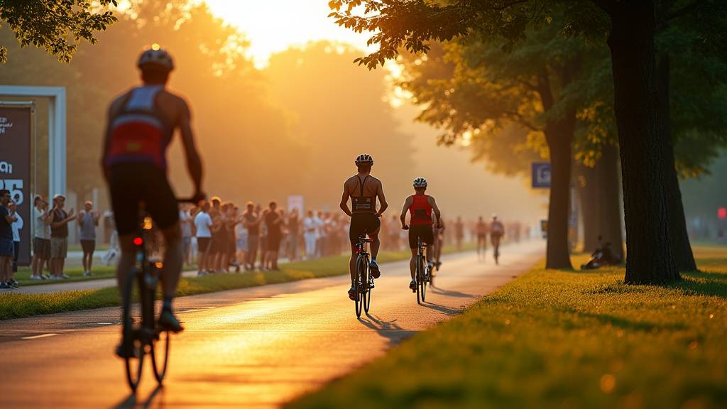 Athlète en pleine action lors d'un duathlon, courant sur un vélo